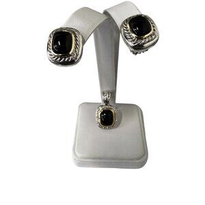 18k and silver onyx & diamond pendant with 14k and silver earrings David Yurman